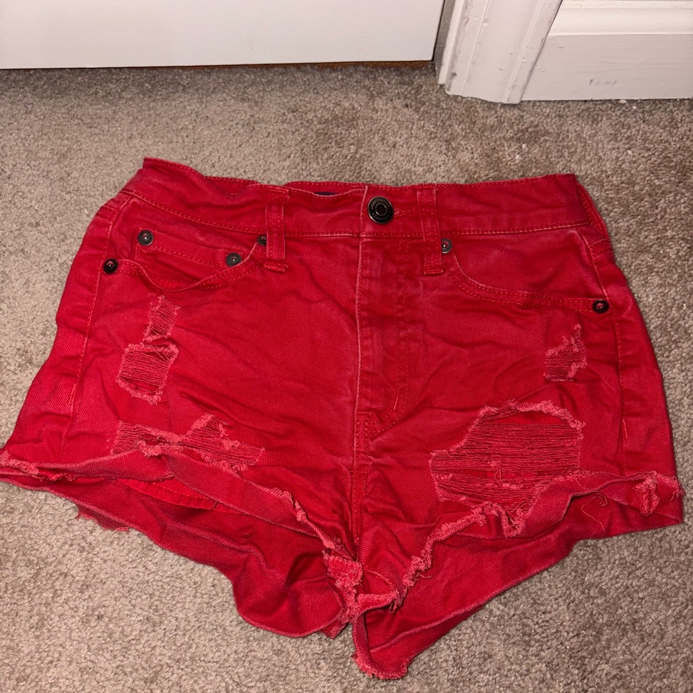 Aeropostale Red Distressed Jean Shorts